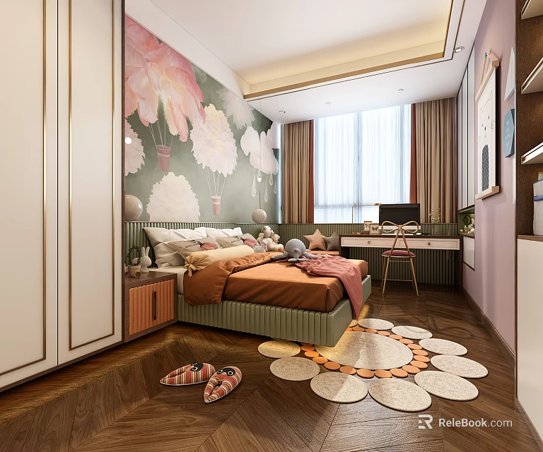 Modern Kids Room Interior With Floral Wallpaper Bed Desk Window Wardrobe And Round Rug 3d model 