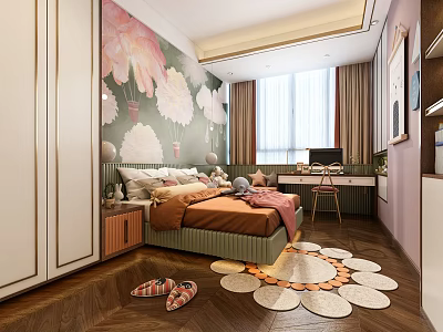 Modern Kids Room Interior With Floral Wallpaper Bed Desk Window Wardrobe And Round Rug 3d model