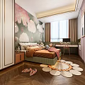 Modern Kids Room Interior With Floral Wallpaper Bed Desk Window Wardrobe And Round Rug