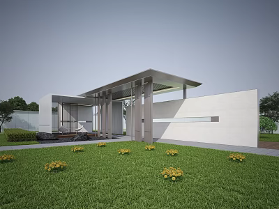 Modern Architecture Exterior With Green Lawn And Yellow Flowers White Walls And Metal Roof Design 3d model