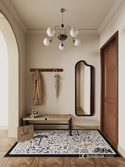 Stylish Entryway Hallway With Woven Bench Hook Rack And Arched Mirror 3d model