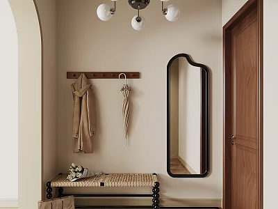 Stylish Entryway Hallway With Woven Bench Hook Rack And Arched Mirror 3d model
