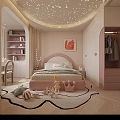 Pink Kids Room Interior Design With Starry Ceiling Bed Wardrobe And Toys Rug