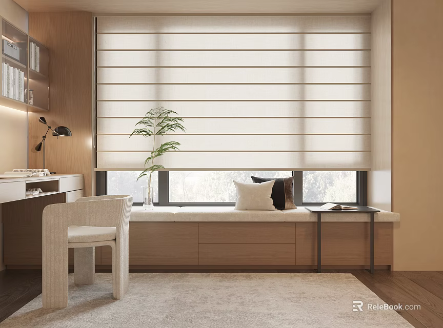 Modern Bay Window Interior Design With Roller Blinds Desk Chair And Potted Plant 3d model 