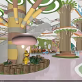 Indoor Colorful Kids Playground with Tree Themed Columns Mushroom Decor and Fun Slides