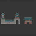 Traditional Chinese Entrance Gate with Classic Towers Blue Roofs and Gray Walls