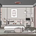 Modern Kids Room Interior With Bed Desk Chair Shelves Lamp Wall Painting And Area Rug