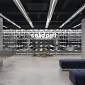 Modern Clothing Store Interior With Shelves Merchandise Soft Sign And Blue Sofas