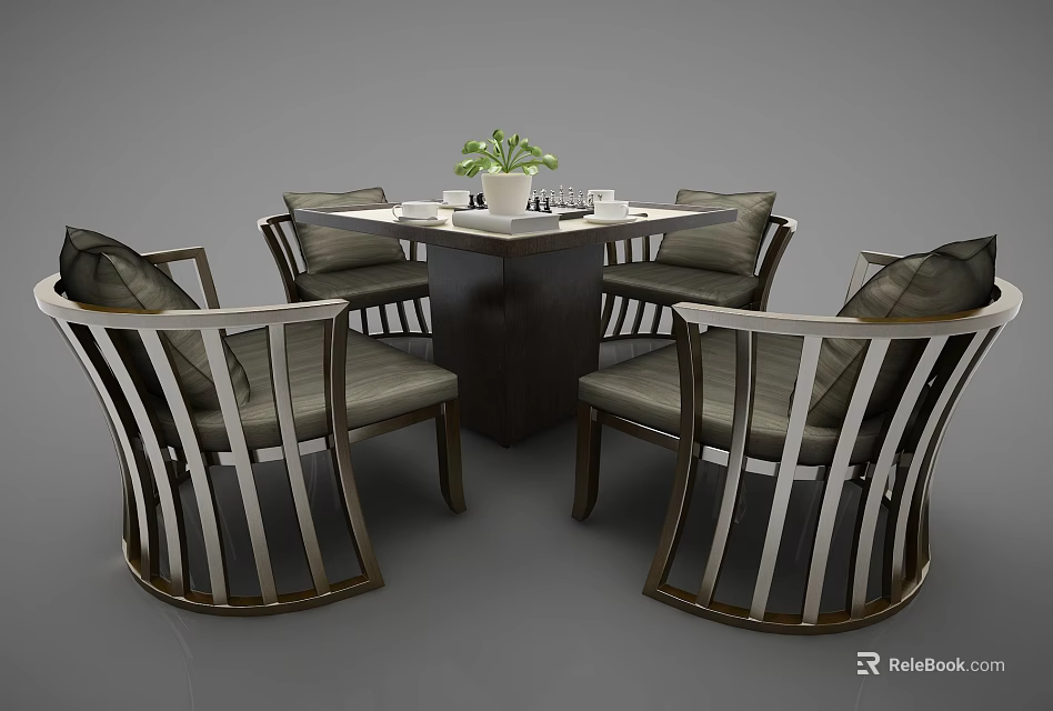 Dining Table Set With Wooden Top Metal Frame Chairs Grey Cushions Green Plant Chessboard Teacups 3d model 
