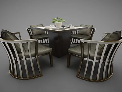 Dining Table Set With Wooden Top Metal Frame Chairs Grey Cushions Green Plant Chessboard Teacups 3d model