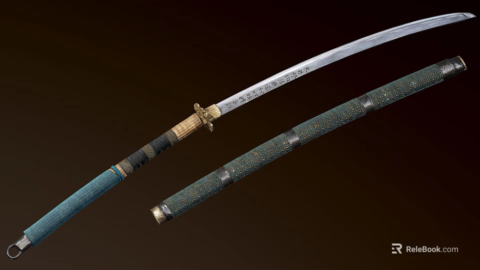 Traditional Japanese Katana with Silver Sharp Blade and Green Textured Sheath and Golden Decorative Fittings 3d model 