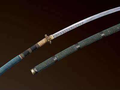 Traditional Japanese Katana with Silver Sharp Blade and Green Textured Sheath and Golden Decorative Fittings 3d model