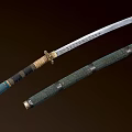Traditional Japanese Katana with Silver Sharp Blade and Green Textured Sheath and Golden Decorative Fittings