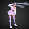 Woman With Long Blue Hair Wearing Pink Top Heart Design And Colorful Striped Skirt Posing