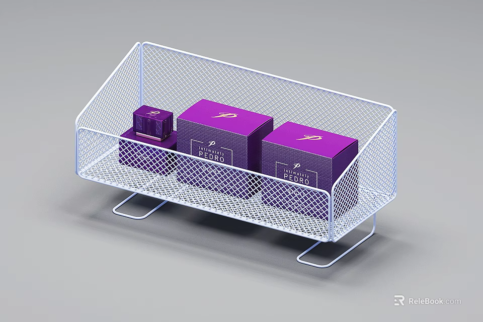 White Metal Wire Storage Basket with Stand Holding Purple Boxes for Organizing 3d model 