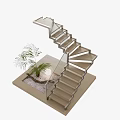 Modern Staircase Model With Glass Railing Steps And Small Palm Plant