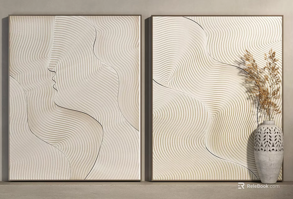 Two Abstract Line Art Paintings With Dried Plant Vase Decoration 3d model 