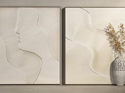 Two Abstract Line Art Paintings With Dried Plant Vase Decoration 3d model