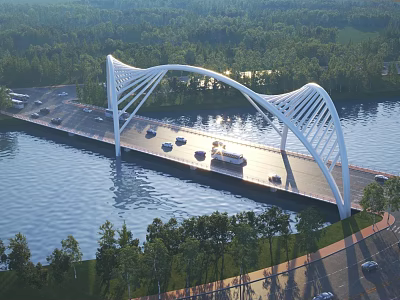 Modern White Arch Bridge Featuring River Crossing Green Forest And Vehicle Traffic 3d model