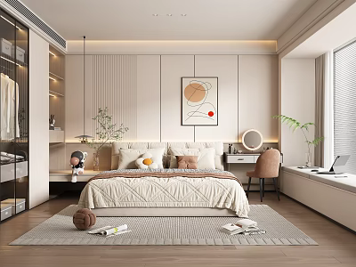 Modern Bedroom Interior With Striped Wall Paneling Glass Door Wardrobe Round Mirror And Green Plants 3d model