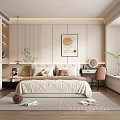 Modern Bedroom Interior With Striped Wall Paneling Glass Door Wardrobe Round Mirror And Green Plants