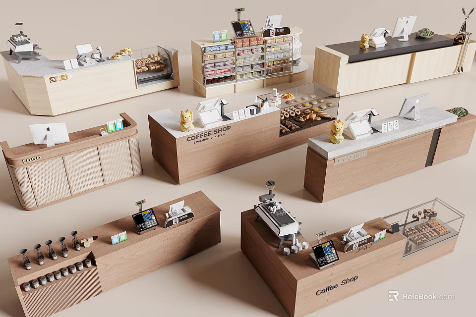 Various Modern Retail Store Counters With Product Displays And Shop Signage 3d model 