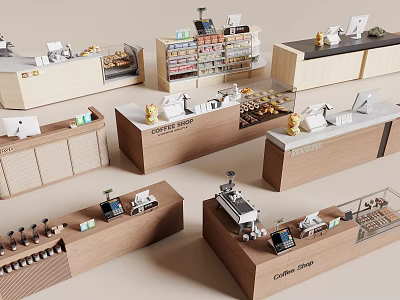 Various Modern Retail Store Counters With Product Displays And Shop Signage 3d model