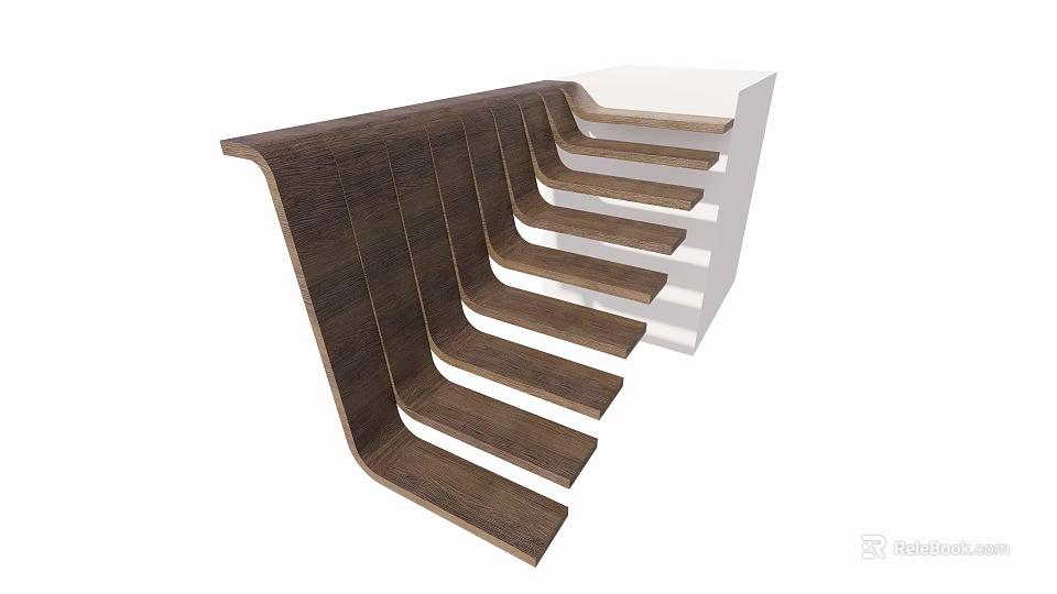 Modern Wooden Staircase Design with Curved Floating Steps and Open Structure 3d model