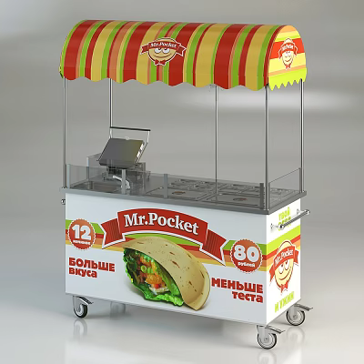 Mr Pocket Food Cart With Striped Awning Serving More Cheese Less Dough Wraps 3d model