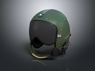 Green Aviation Helmet With Black Visor Metal Parts And Straps 3d model