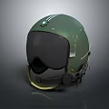 Green Aviation Helmet With Black Visor Metal Parts And Straps