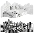 Kids Bed With Curved Headboard Soft Grey And Pink Decorative Pillows Patterned Blankets