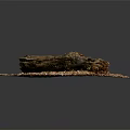 Natural Rustic Wooden Log With Scattered Wood Shavings And Green Leaves On Dark Background