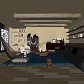 Cozy Living Room Interior With Wooden Beams Blue Rug Black Sofa And Wooden Coffee Table