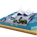 Cartoon Scene of Sydney Opera House with Water Area Model Base and Miniature Trees
