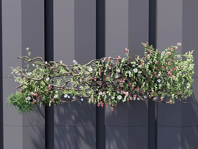 Vine With Green Leaves And Pink White Flowers On Gray Striped Background 3d model