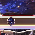 Modern KTV Room Interior With Neon Lights Large Screen TV And Starry Ceiling
