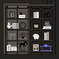 Modern Elegant Bookcase With Gold Accent Frame And Books Sculptures Photo Frames