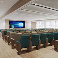 Spacious Conference Room Featuring Arranged Seats Wooden Walls Circular Logo And Bright Ceiling Lighting