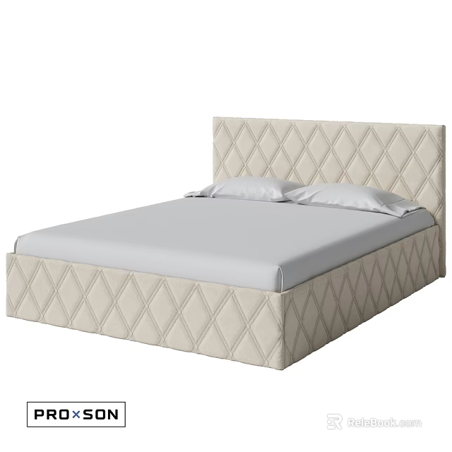 Beige Diamond Tufted Double Bed with Headboard Frame Gray Mattress and White Pillows 3d model 