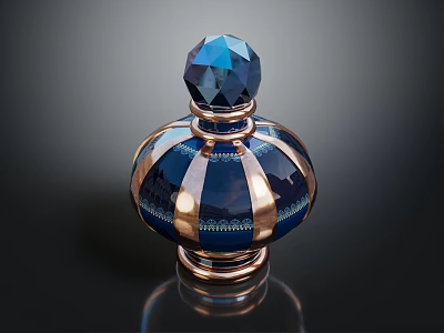 Decorative Blue Perfume Bottle With Gemstone Top And Gold Stripes Design 3d model