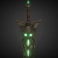Game Movie Character Wielding Glowing Green Magic Sword With Intricate Hilt And Luminous Accents