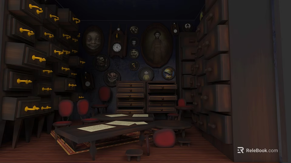 Dark Antique Chest of Drawers in Vintage Study Room with Decorative Walls Table and Chairs 3d model 