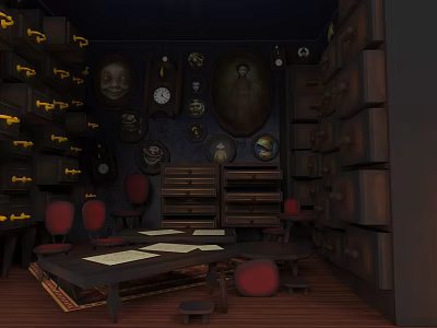 Dark Antique Chest of Drawers in Vintage Study Room with Decorative Walls Table and Chairs 3d model