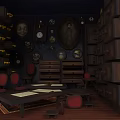 Dark Antique Chest of Drawers in Vintage Study Room with Decorative Walls Table and Chairs
