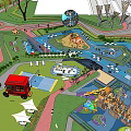 Children's Play Area With Slide Water Pool Fire Truck Sandpit Globe Structure Green Lawn Pathways