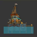 Ornate Decorative Ship Model Scene With Golden Mast Deck And Blue Platform