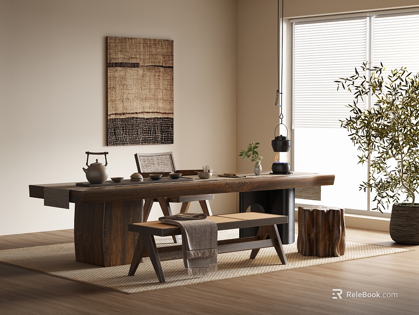 Natural Simple Tea Table with Bench in Wooden Room with Decorative Art and Green Plant 3d model 