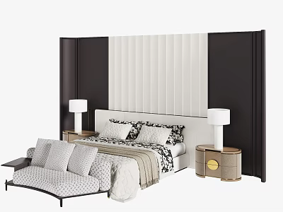 Modern Background Double Bed With Black White Striped Wall And Bedside Lamps 3d model