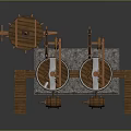 Traditional Wooden Architectural Structure with Twin Barrels Windmill Wheels Ladders and Stone Base